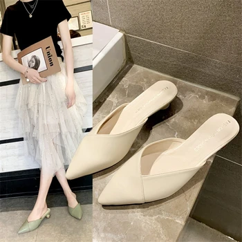 6 Farver Sommer Baotou halvdelen tøfler kvindelige ny stil koreansk mode montering værelse spids tå med lave hæle sandaler Muldyr Sko
