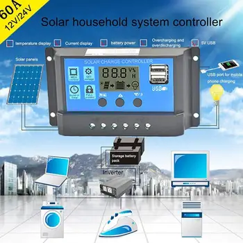 60A/50A/40A/30A/20A/10A Auto Solar laderegulator PWM-Controllere LCD-Dual USB 5V Output Solar Panel PV Regulator 12V 24V