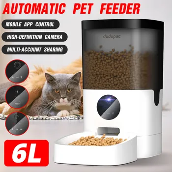6L Stor Kapacitet Automatisk Pet Feeder Smart Kat hundefoder Dispenser Fjernbetjening APP Pet Supply [Video/WiFi/Knappen Version]