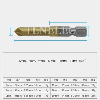 6mm-19mm Titanize Sekskant Håndtere Fem Blade Affasning Forsænket Hoved Drill Rejfning Kniv Tømrer Hul, Åbning af Værktøj