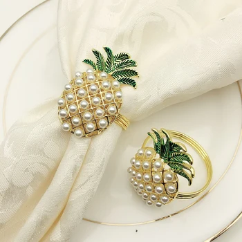 6stk Sød Serviet Ringe Ananas Form Pearl Beaded Skinnende Guld Barnedåb Armbånd Metal bryllupsgave festartikler