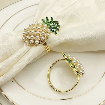 6stk Sød Serviet Ringe Ananas Form Pearl Beaded Skinnende Guld Barnedåb Armbånd Metal bryllupsgave festartikler