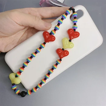 7 Stilarter Farverige Overdrevet Hjertet Akryl Ler Perle Mobiltelefon Kæde Anti-tabte Hængende Nede Taske Rem Rem