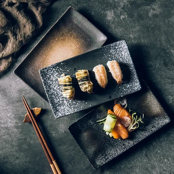 8.5 tommer Japansk stil sort keramisk plade Japansk retro rektangulære sushi porcelæn skål køkken, bordservice fødevare magasinet