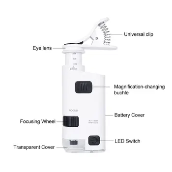 80-120X Mikroskop Med Phone Clip-LED-Lampe Forstørrelse Loup Tekstil-Mikroskoper