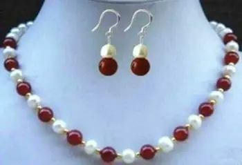 8mm Rød Jade Perler, 7-8m / Hvid Akoya Kulturelle Perle Halskæde 18