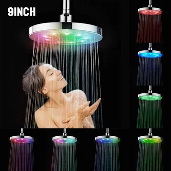 9 tommer Runde LED-Lys brusehoved RGB-7 Farver, Automatisk Ændring af vandbesparende Regn Højt Tryk Badeværelse med regnbruser