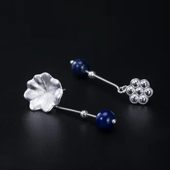 925 Sterling Sølv Lotus Blad Lapis Lazuli Asymmetri Øreringe Til Kvinder Kinesisk Stil Kvindelige Mode Smykker Håndlavet