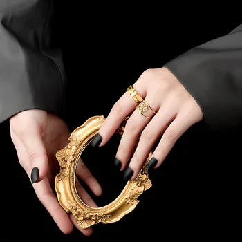 925 Sterling Sølv Ring Runde Cirkel Billede Kvindelige INS Enkel Håndlavet Åbning Guld Hule Finger Mode Smykker Par