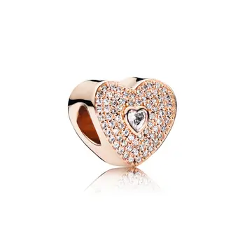 925 Sterling Sølv, Rose Guld Fuld Crystal Kærlighed Hjerte Charms Perler For Kvinder Pandora Armbånd