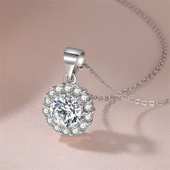 AAA Natural Diamond Necklaces & Pendants 925 Sterling Silver Round Necklaces For Female Romantic Wedding Jewelry Gift With Chain