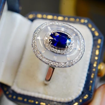 Aazuo 18K Guld på en Naturlig Blå Safir Hvid Krystal Ægte Diamanter Klassiske Oval Ring for Kvinder Senior Banket Fest