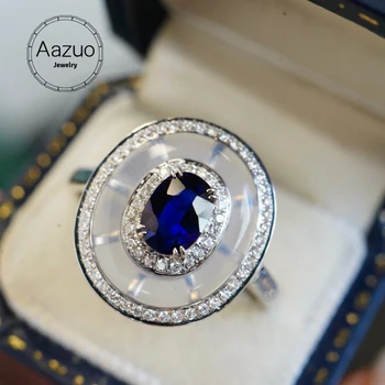 Aazuo 18K Guld på en Naturlig Blå Safir Hvid Krystal Ægte Diamanter Klassiske Oval Ring for Kvinder Senior Banket Fest