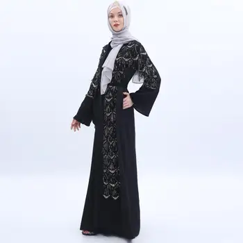 Abaya Muslimske Kvinder med Lange Ærmer Maxi Sequnis Kjole Åben Cardigan Kaftan Dame Robe Kimono Dubai Hijab Kjoler Party tyrkisk UAE
