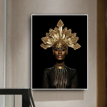 Abstract Gold Crown Sort Afrikansk Kvinde, Olie på Lærred Maleri Plakater og Prints Skandinaviske Væg Kunst Billede med Hjem Dekoration
