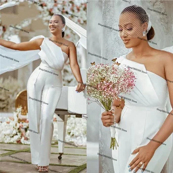Afrikanske Hvide Kedeldragter Bryllup Kjoler 2021 One-Shoulder Satin Brud Receptionen Buksedragt Kvinder Bukser Passer Vestido De Noiva
