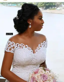 Afrikanske Nigerianske Havfrue Brudekjoler Aftagelig Tog Full Lace Applique Ren Og Skær Off The Shoulder Kort Ærme Brude