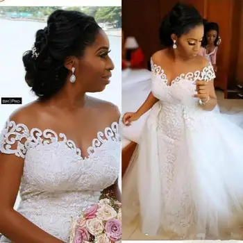 Afrikanske Nigerianske Havfrue Brudekjoler Aftagelig Tog Full Lace Applique Ren Og Skær Off The Shoulder Kort Ærme Brude