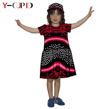 Afrikanske Tøj til Børn Bazin Riche Casual Ankara Print Korte Ærmer Kjoler Matchende Cap Sommer Børn ClothingYS204029