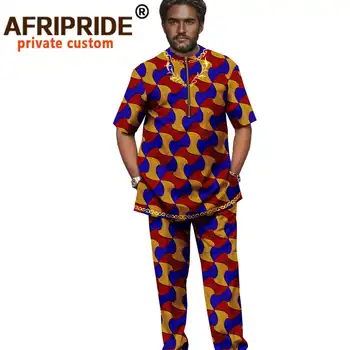 Afrikanske Tøj til Mænd Broderi Trykte Shirts og Bukser Sæt Afgrøde Top Bluse Voks Bomuld Bazin Riche Træningsdragt Tøj A2116002