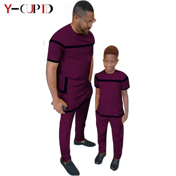 Afrikanske Tøj til Mænd, Fader og Drenge Søn 2 Stykker Solid Top og Pants Sæt Bazin Riche Brugerdefinerede Familie Matchende Udstyr S20F001