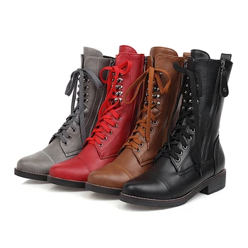 Afslappede stil, rund tå, mid læggen støvler fashion-lace-up sort grå rød brun tyk lav hæl motorcykel støvler til kvinder sko