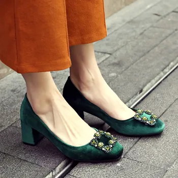 AGODOR fløjl sko kvinde høje hæle slip på blok Hæl pumper Foråret Efteråret 2020 Fodtøj Femme sapato 33-43
