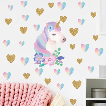 Akvarel Unicorn Wall Sticker Baby Kids rooms Indretning Decals Flytbare Vinyl Vægmalerier Hjem Dekorative Piger værelse PVC-Plakater