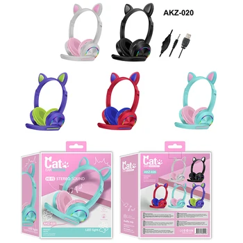 AKZ-020 Kat Ear Hovedtelefoner LED Lysende Øretelefoner Hoved-monteret Hovedtelefoner 3,5 mm Gaming Headset Til Pige, Dreng Gave Hovedtelefoner