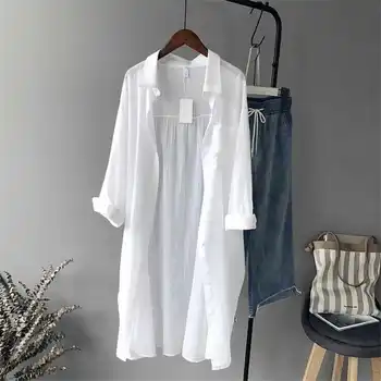 Algodão casual branco longo blusa feminina 2019 outono feminino manga comprida camisas brancas blusa de alta qualidade blusa