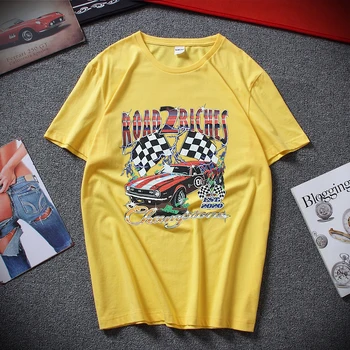 American Street Fashion til Mænd T-shirt Racing Print kortærmet Sommer Løs Sort Ren Bomuld til Kvinder Og Mænd T-shirt