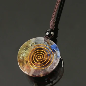 Ammonite Fossiler Circle Vedhæng Halskæde Form Harpiks Healing 7 Chakra Krystal Chip Sten Vedhæng Smykker Gave Unisex