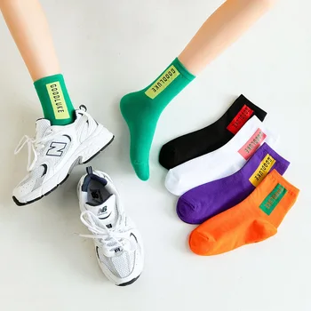 Anewmorn Efteråret Ren Bomuld engelsk Brev Farve Matchende Kvinders Sokker Mode Jacquard Casual Kvindelige Socken Rib Daske Sok