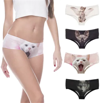 Animal Mønster Trusser til Kvinder 3D Digital Hvid Kat Print Hip Lift Åndbar Lav Talje Undertøj til Damer Komfortable Bukser
