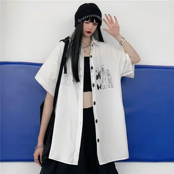 Anime Bærer Print t-Shirts til Piger Sommeren Goth Tøj til Kvinder i Loose Fit-Knappen Nede Bluser Toppe Oversized Boyfriend Streetwear