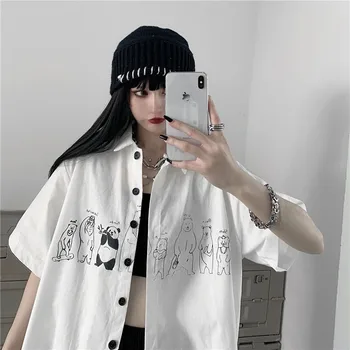 Anime Bærer Print t-Shirts til Piger Sommeren Goth Tøj til Kvinder i Loose Fit-Knappen Nede Bluser Toppe Oversized Boyfriend Streetwear