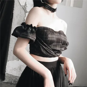 Ankomst Gotisk Punk Kvinder Camis Sort Gitter Afgrøde Tank Tops Vintage Sexy V Krave Dame Slank Veste Camisole