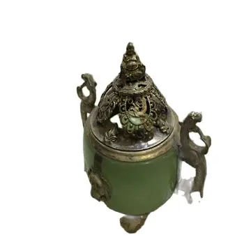 Antik hvid kobber Miao sølv indlagt jade røgelse brænder sølv smil Buddha røgelse brænder ornament