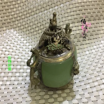 Antik hvid kobber Miao sølv indlagt jade røgelse brænder sølv smil Buddha røgelse brænder ornament