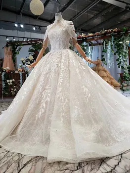 AnXin SH Luksus prinsesse hvide blomster blonder høj hals sikning, krystal flæser vintage bolden kjole brudekjoler ægte foto