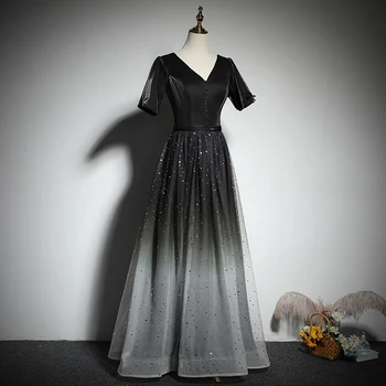 AnXin SH princess sort Kjole til aften i satin vintage fest brud sølvfarvede blonder med v hals-knappen kortærmet en linje aften kjole