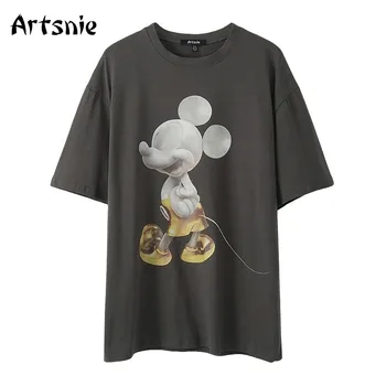 Artsnie Disney Mickey Mouse T Shirt Kvinder Sommer O-Hals, Korte Ærmer Løse Toppe Streetwear Mørk Grå Ladies Casual T-shirts