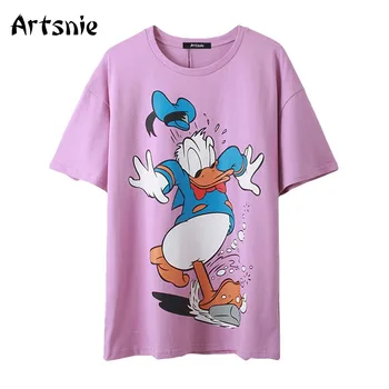 Artsnie Disney Tegnefilm Print T-Shirt til Kvinder Sommeren 2021 O-Hals, Korte Ærmer Purple Toppe Streetwear Casual Strik, T-shirts Femme