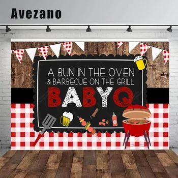 Avezano BABYQ Dekoration Baggrund med Røde Og Hvide Grid Banner Træ Bord, Grill Fest Fotografering Baggrund Photo Studio Rekvisitter