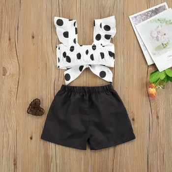 Baby Navlen Tank+ Shorts med prikkede Mønster Udskrivning Elastisk Talje Bue Dekoration Sommer Tøj