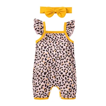 Baby Piger 2stk Sommer Outfits Casual Flæse Ærmer Leopard Print Sparkedragt med Hovedbøjle Sæt
