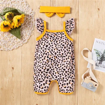Baby Piger 2stk Sommer Outfits Casual Flæse Ærmer Leopard Print Sparkedragt med Hovedbøjle Sæt
