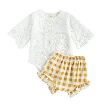 Baby Piger To-stykke casual Tøj Sæt, Hvid Rund Krave Halv Ærmer lace Sparkedragt + Gul Ternet Mønster Shorts,2021 ny