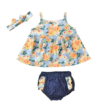 Baby Piger Tre-stykke Tøj Sæt, Blå Blomster Trykt Mønster Ærmer og bådudskæring Toppe, Shorts og Hovedbeklædning