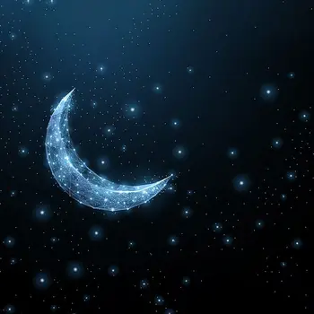 Badeforhæng Crescent Moon Lysende Stjerner Nattehimlen Univers Plads Abstrakte Polygon Wireframe Kunst Blå Hvid